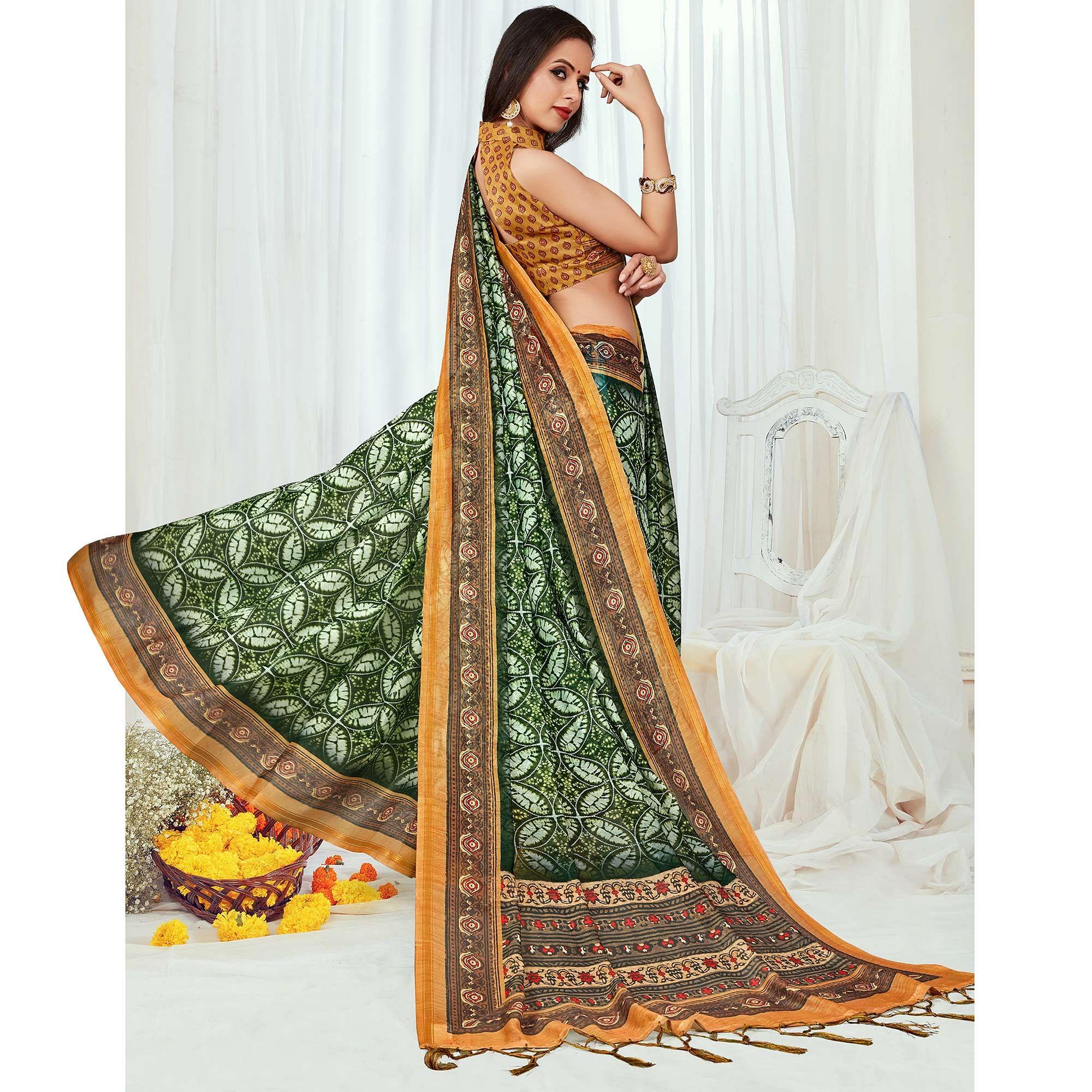 Green Casual Wear Printed Silk Saree - Peachmode