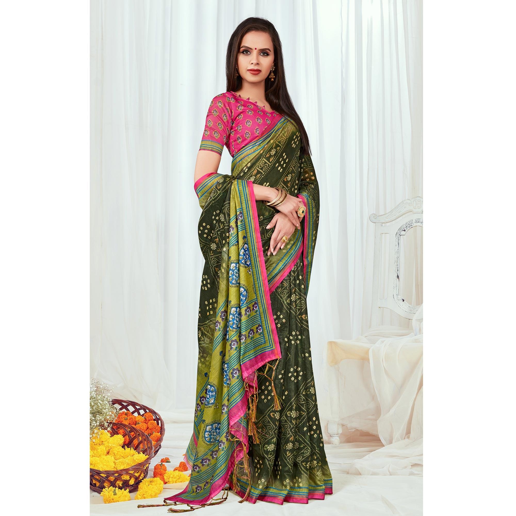 Green Casual Wear Printed Silk Saree - Peachmode
