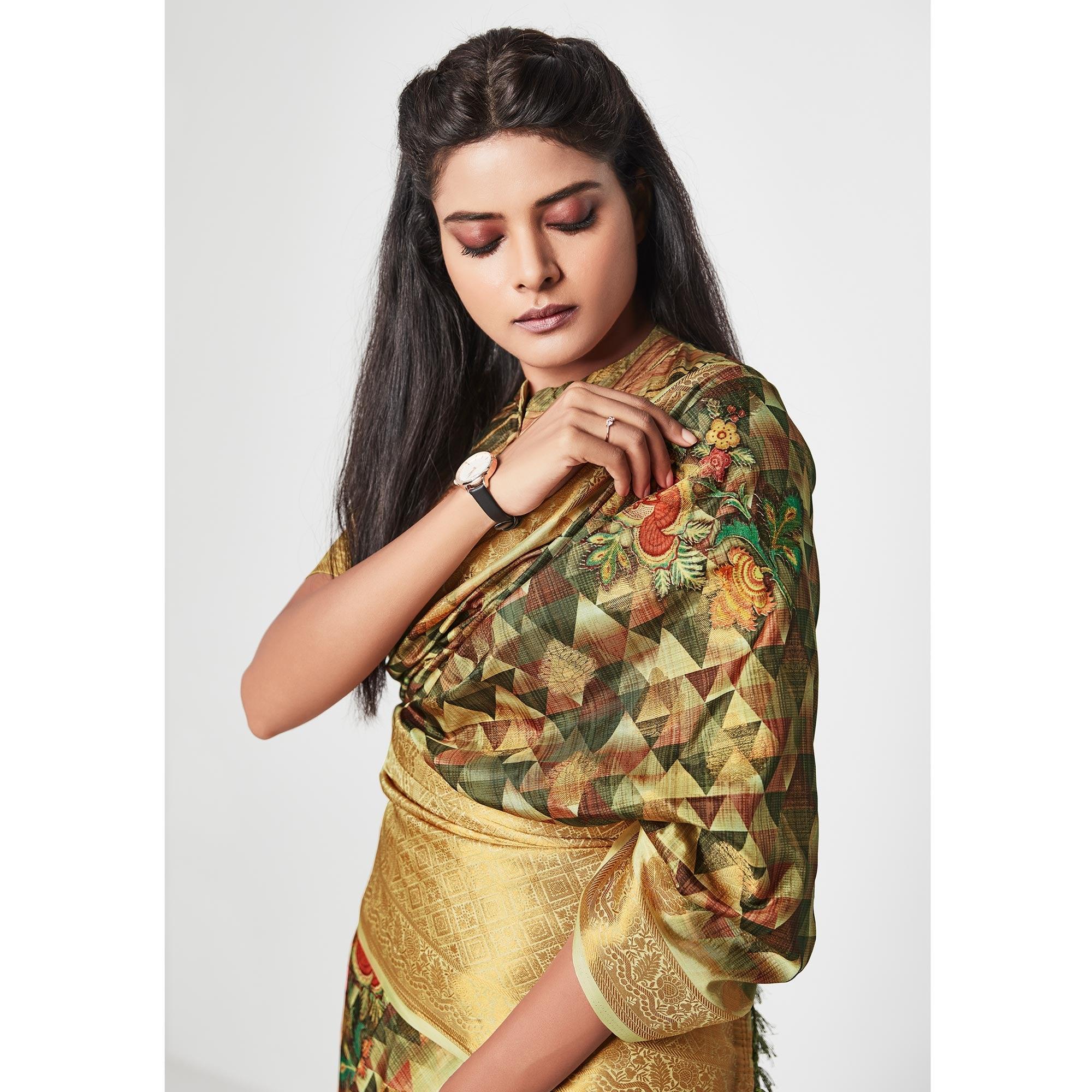 Green Casual Wear Printed Soft Art Silk Saree - Peachmode