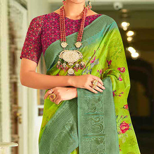 Green Casual Wear Printed Soft Cotton Saree - Peachmode