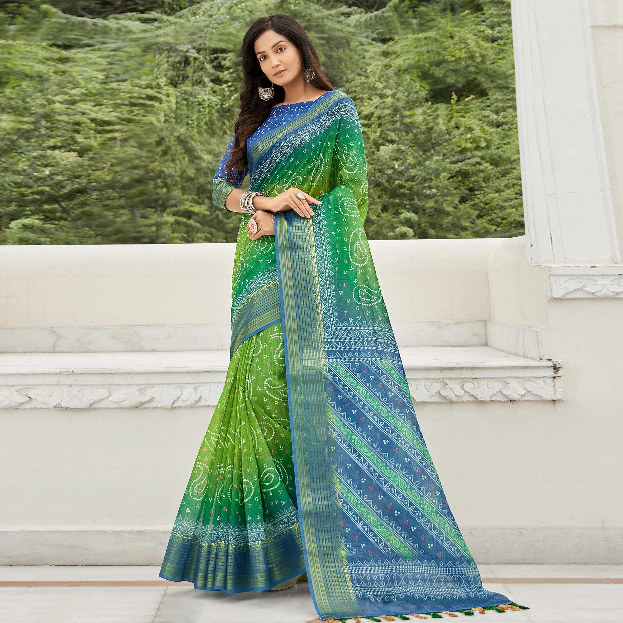 Green Casual Wear Printed Soft Linen Saree - Peachmode