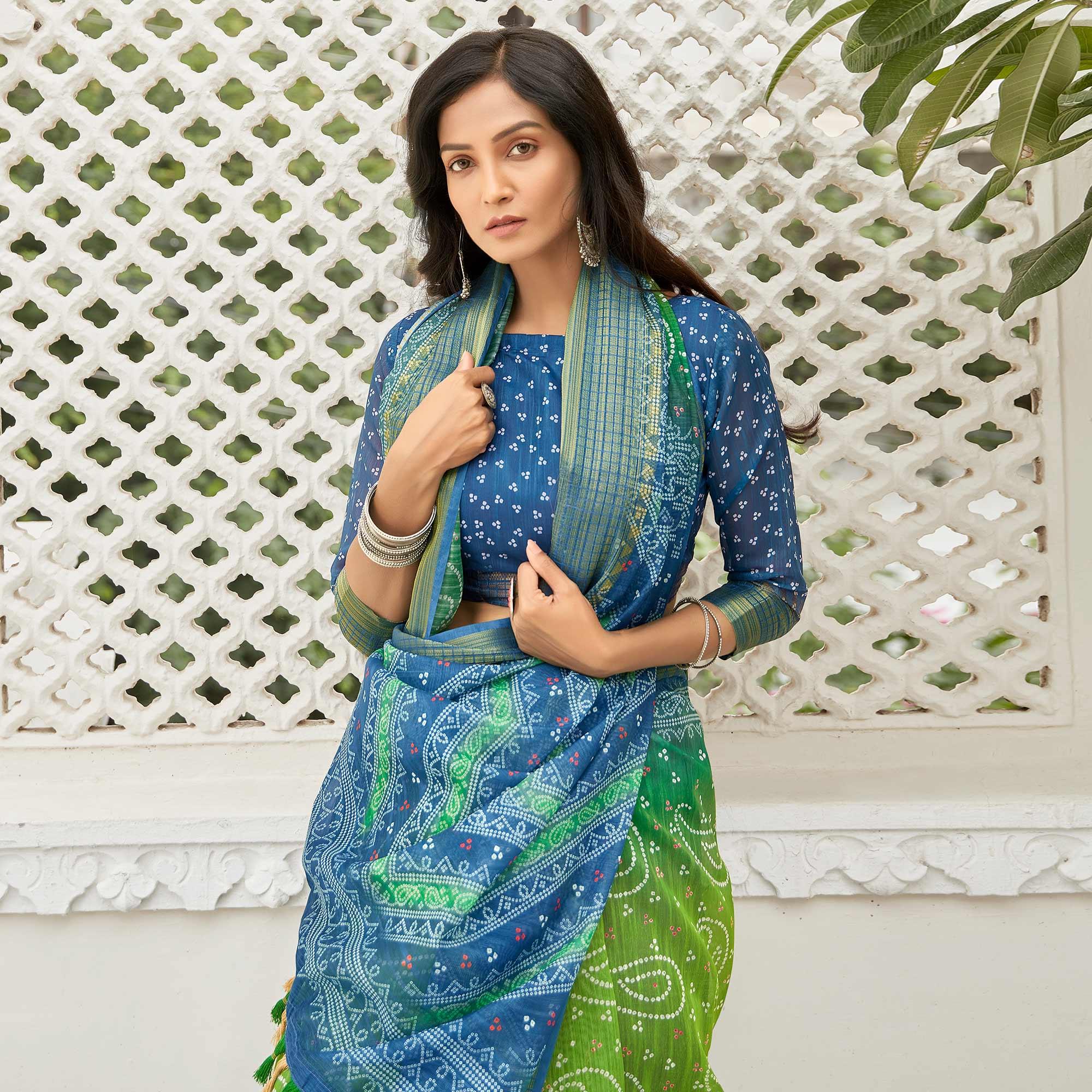 Green Casual Wear Printed Soft Linen Saree - Peachmode