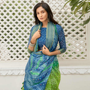 Green Casual Wear Printed Soft Linen Saree - Peachmode