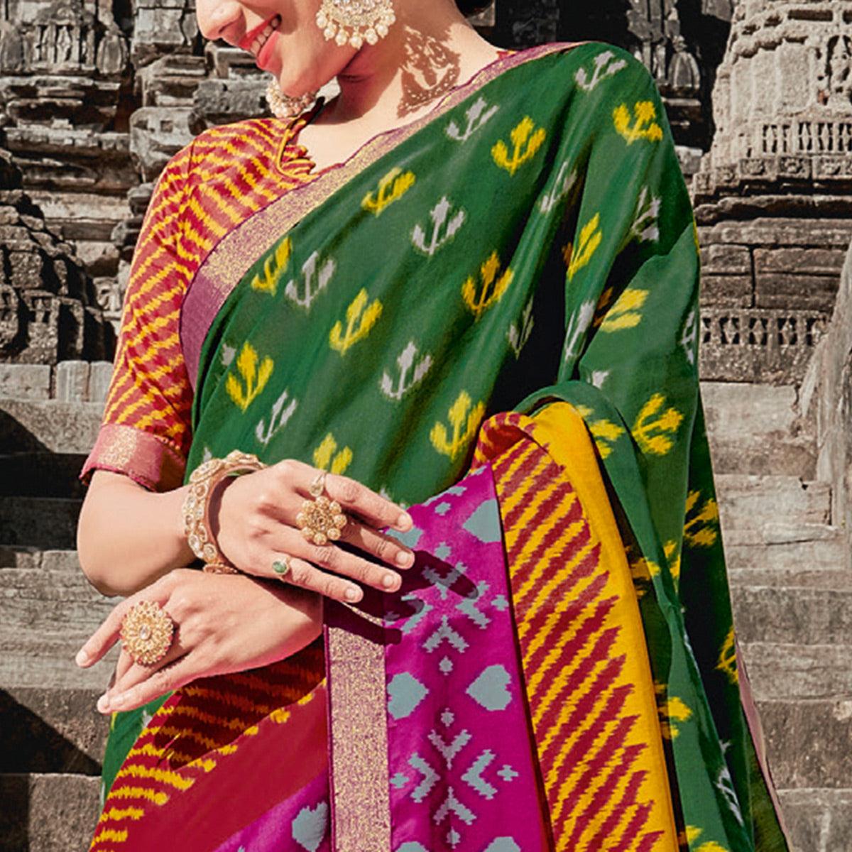 Green Casual Wear Printed Tussar Silk Saree - Peachmode