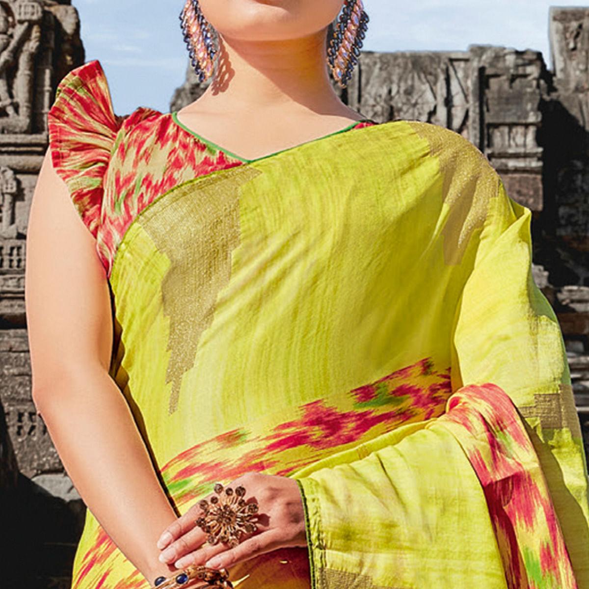 Green Casual Wear Printed Tussar Silk Saree - Peachmode