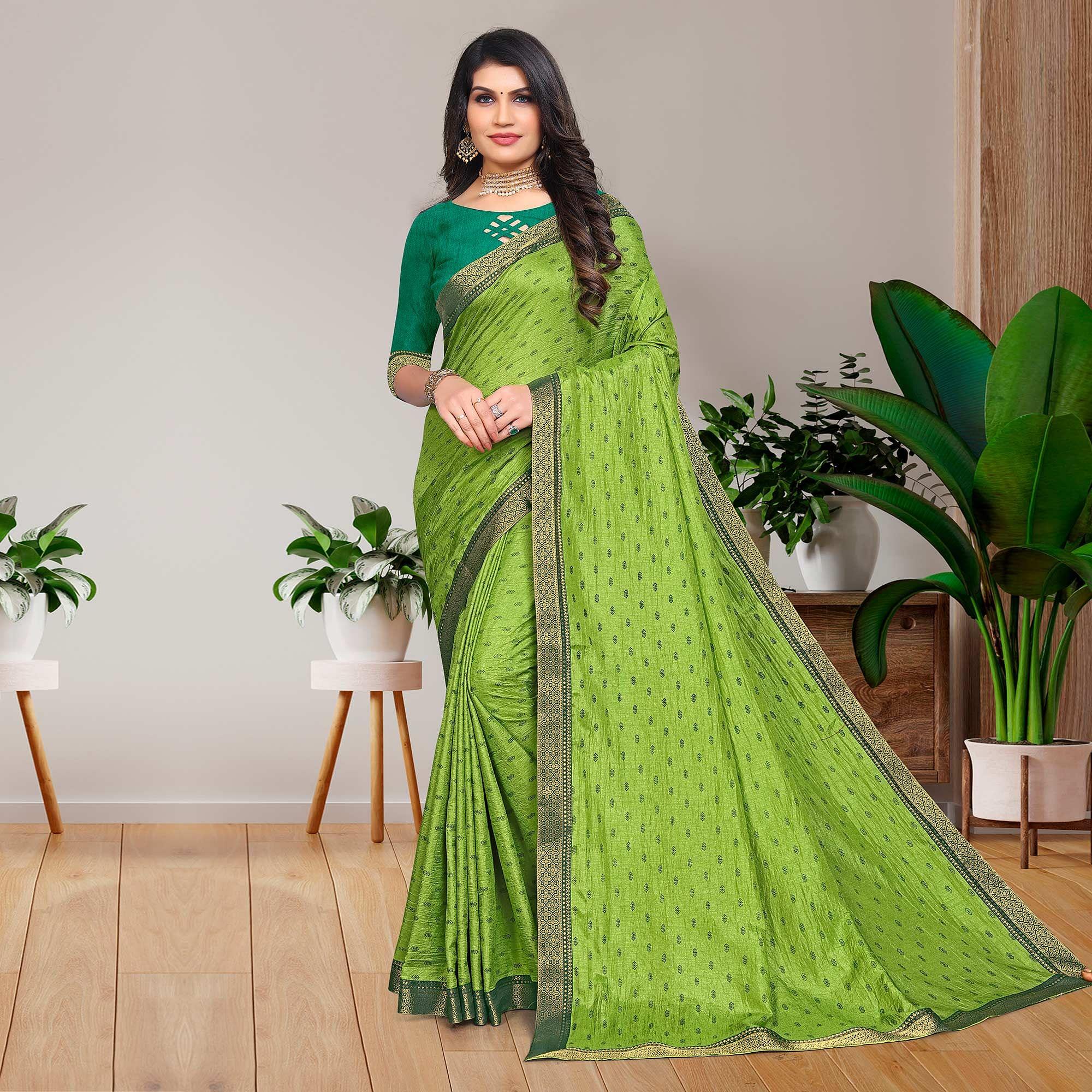 Green Casual Wear Printed Vichitra Silk Saree - Peachmode