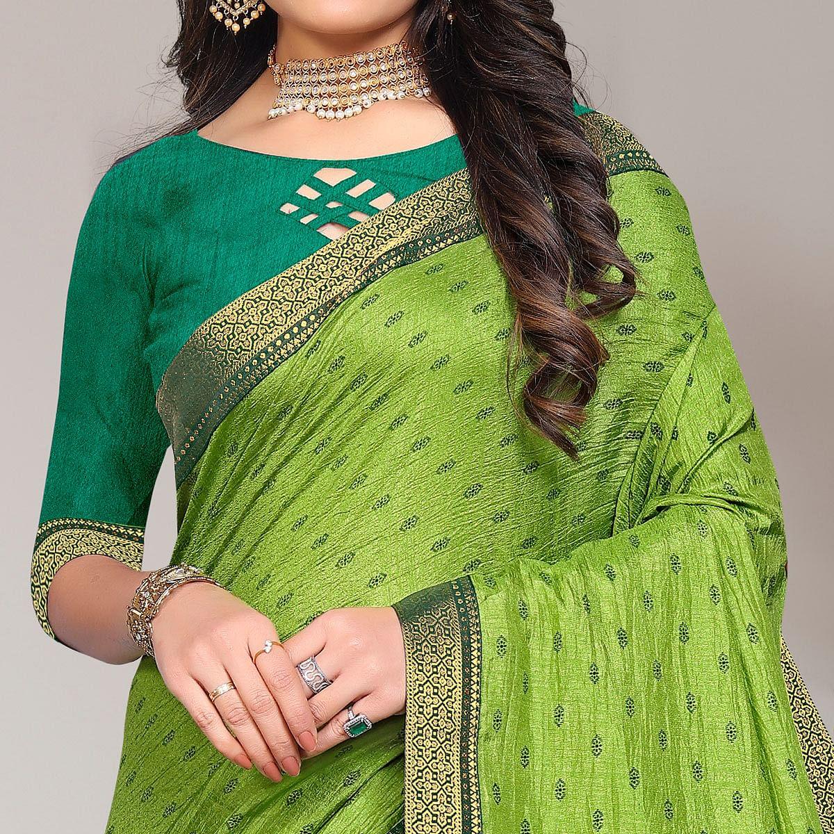 Green Casual Wear Printed Vichitra Silk Saree - Peachmode