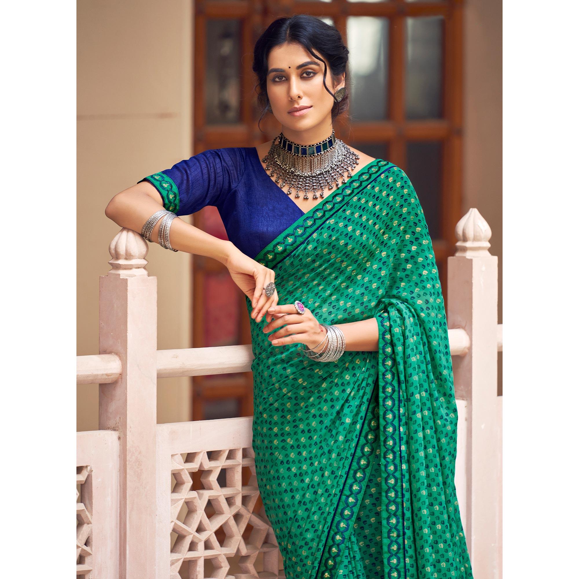 Green Casual Wear Printed Weightless Georgette Saree - Peachmode