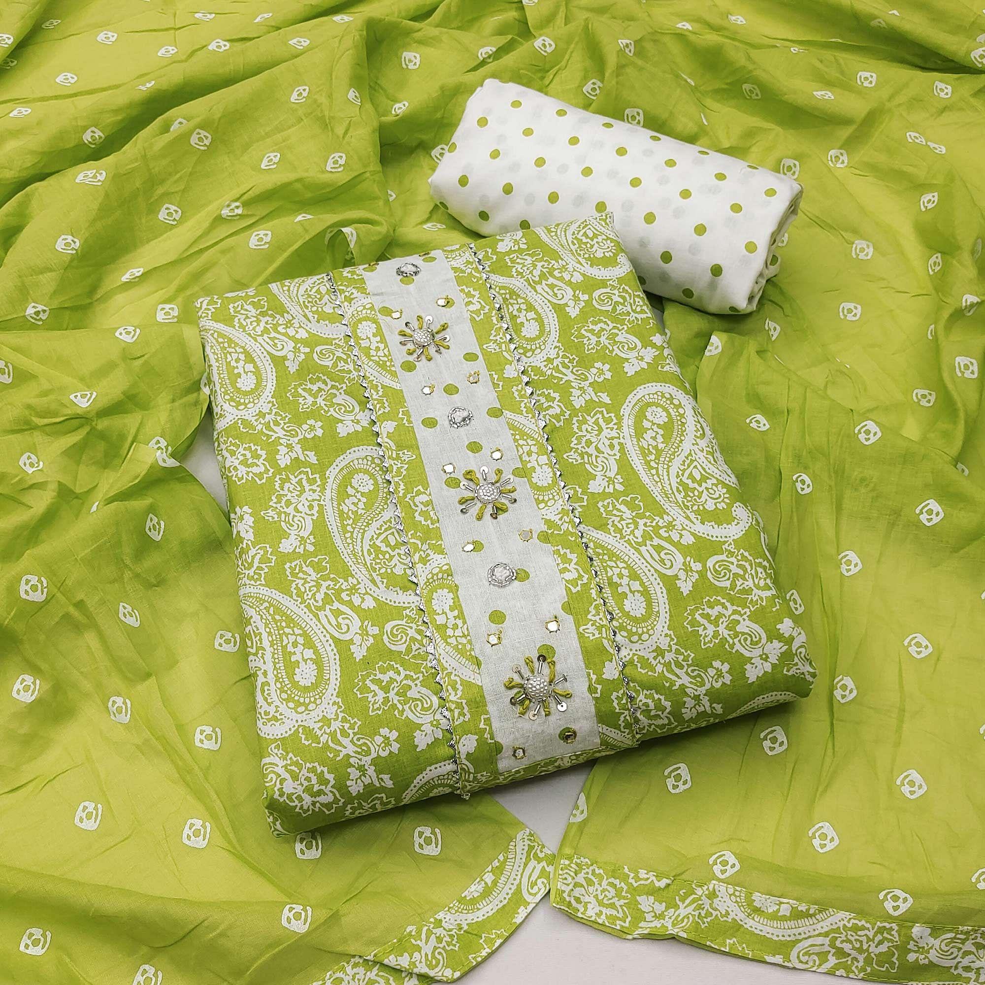 Green Casual Wear Printed With Embellished Cotton Dress Material - Peachmode