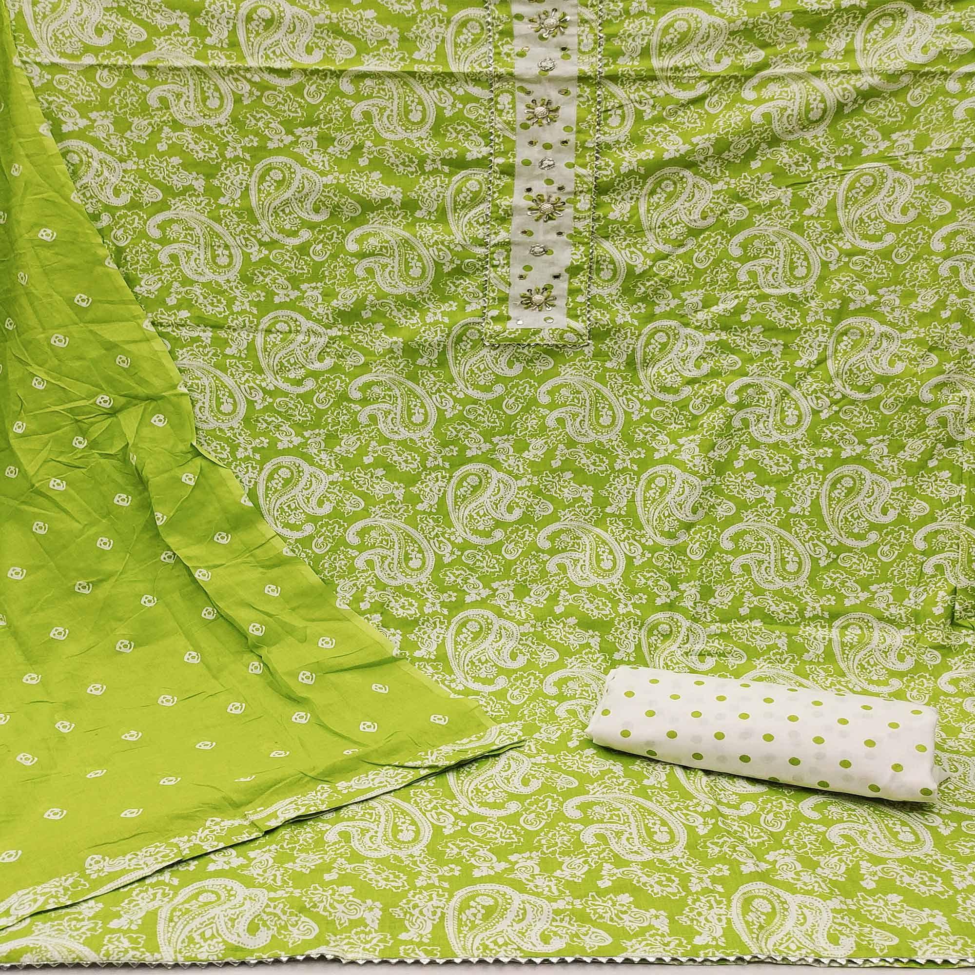 Green Casual Wear Printed With Embellished Cotton Dress Material - Peachmode
