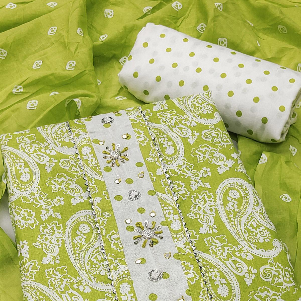 Green Casual Wear Printed With Embellished Cotton Dress Material - Peachmode