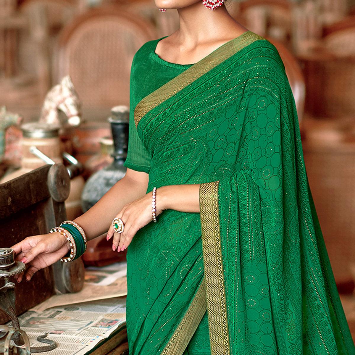 Green Casual Wear Printed With Fancy Lace Georgette Saree - Peachmode