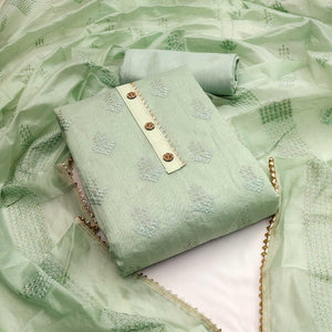 Green Casual Wear Sequence Embroidered Chanderi Dress Material - Peachmode