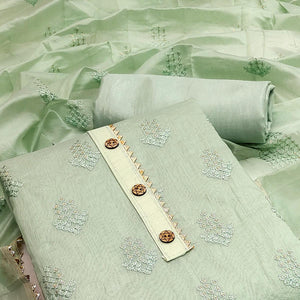 Green Casual Wear Sequence Embroidered Chanderi Dress Material - Peachmode