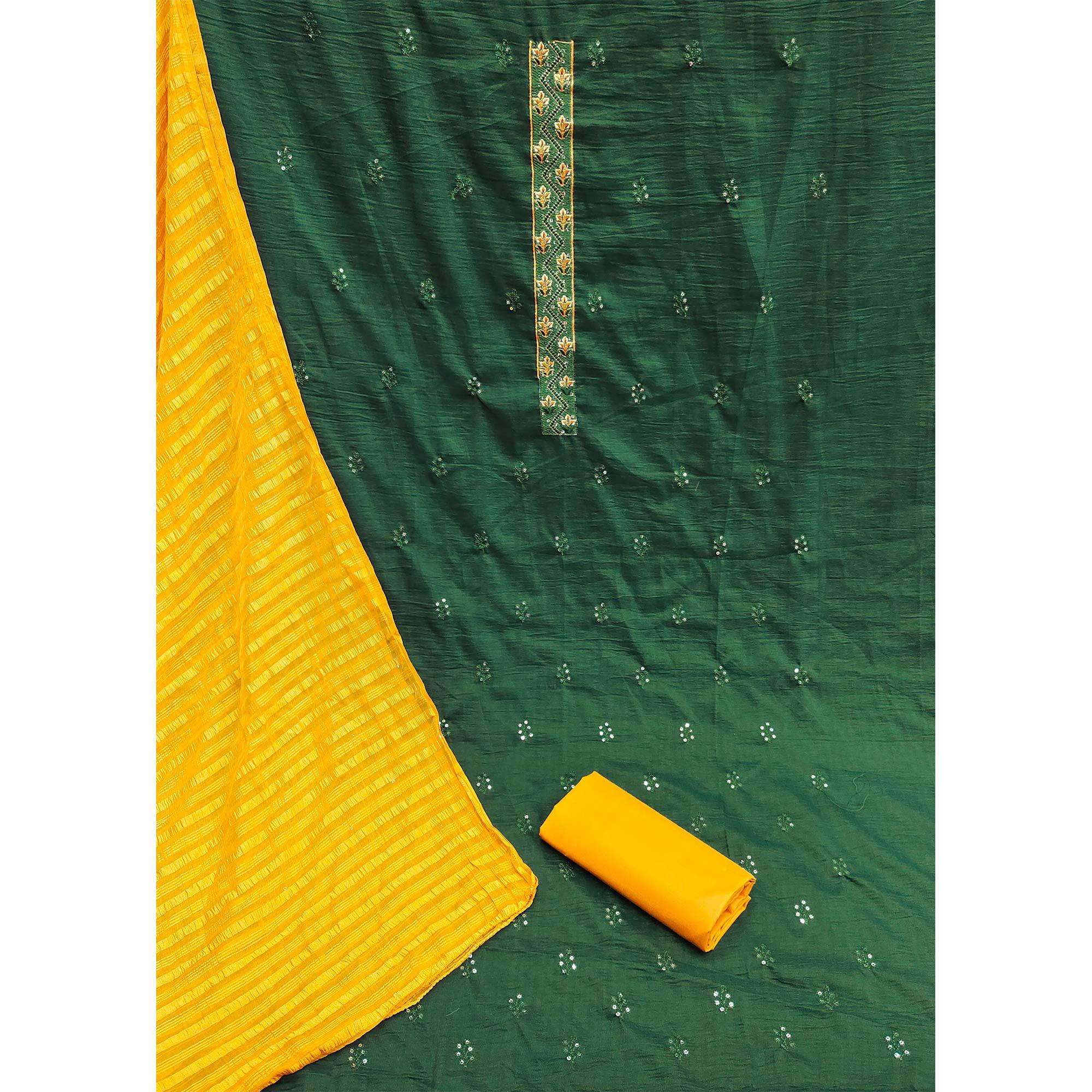 Green Casual Wear Sequence Embroidered Chinon Silk Dress Material - Peachmode