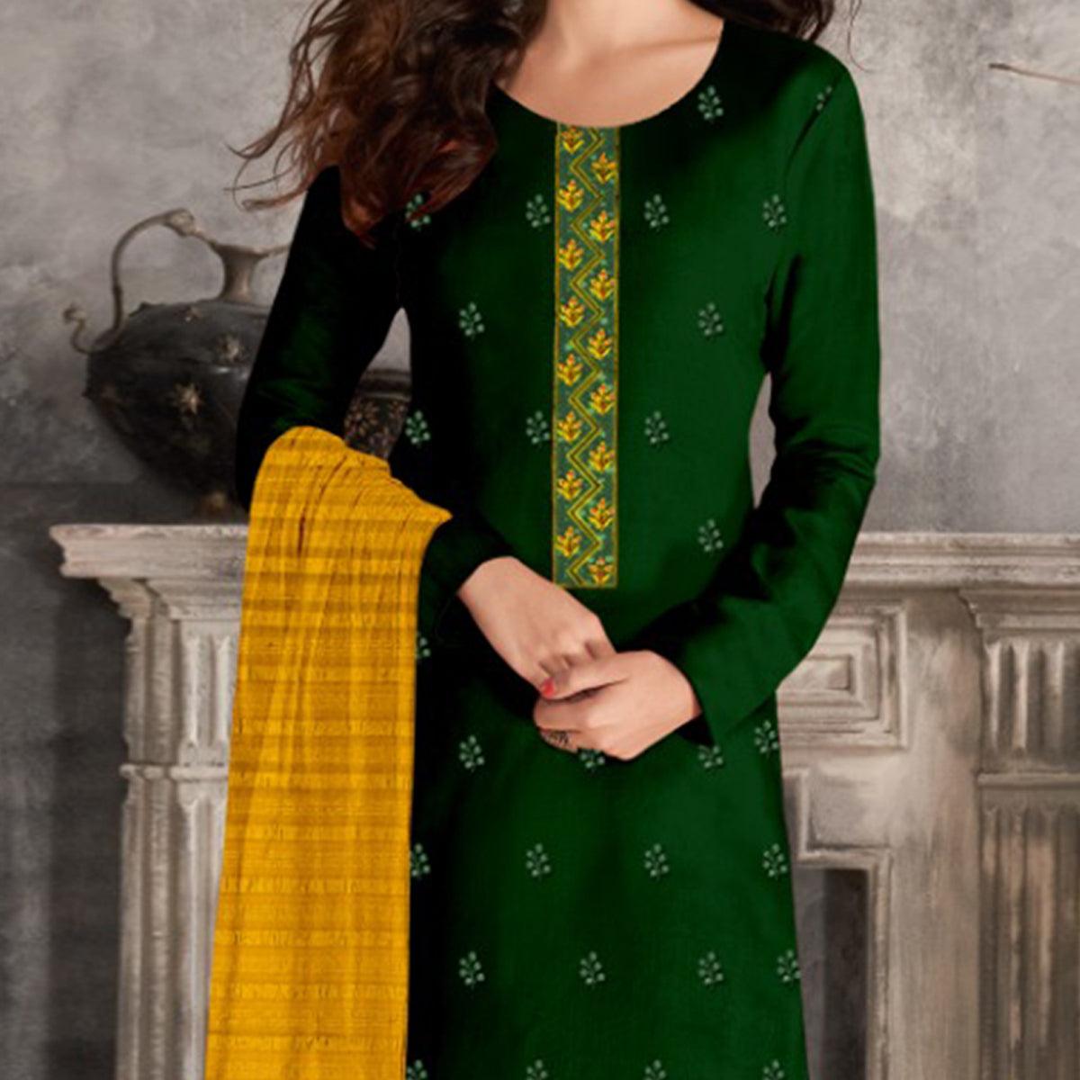 Green Casual Wear Sequence Embroidered Chinon Silk Dress Material - Peachmode