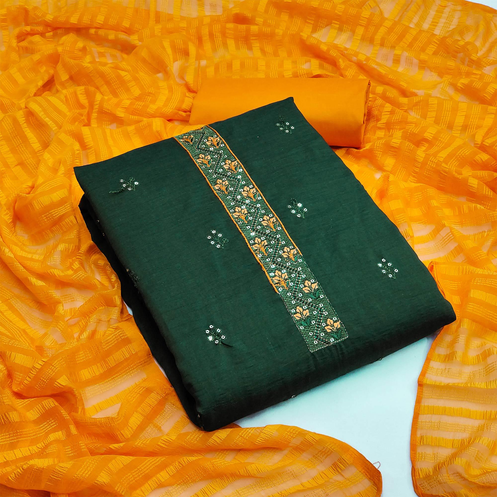 Green Casual Wear Sequence Embroidered Chinon Silk Dress Material - Peachmode