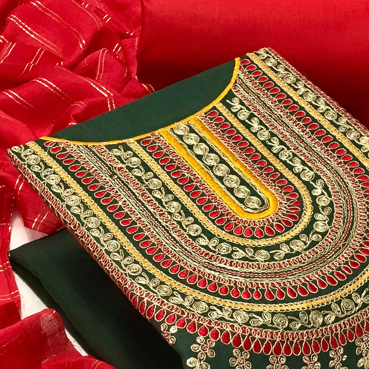 Green Casual Wear Sequence Embroidered Cotton Dress Material - Peachmode