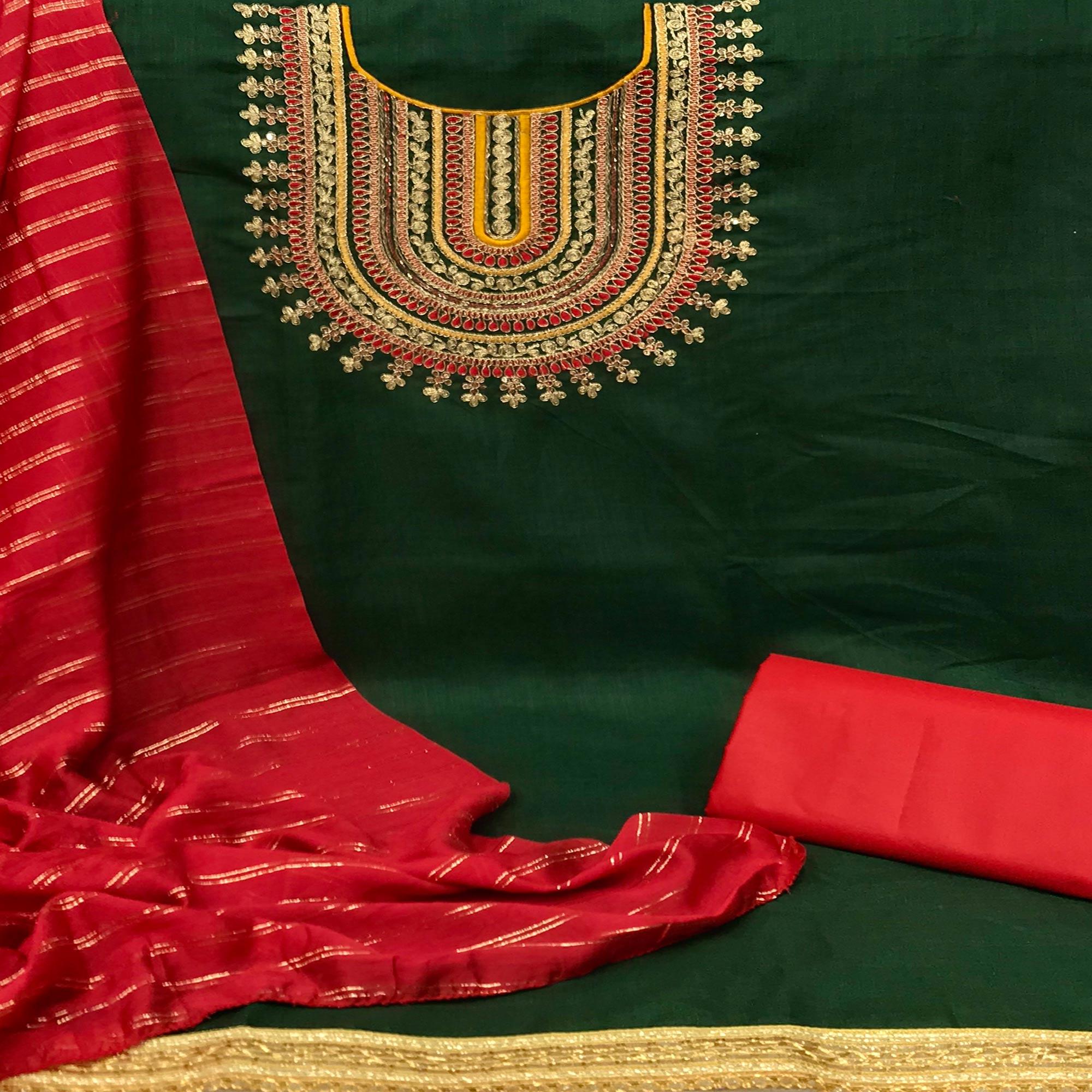 Green Casual Wear Sequence Embroidered Cotton Dress Material - Peachmode