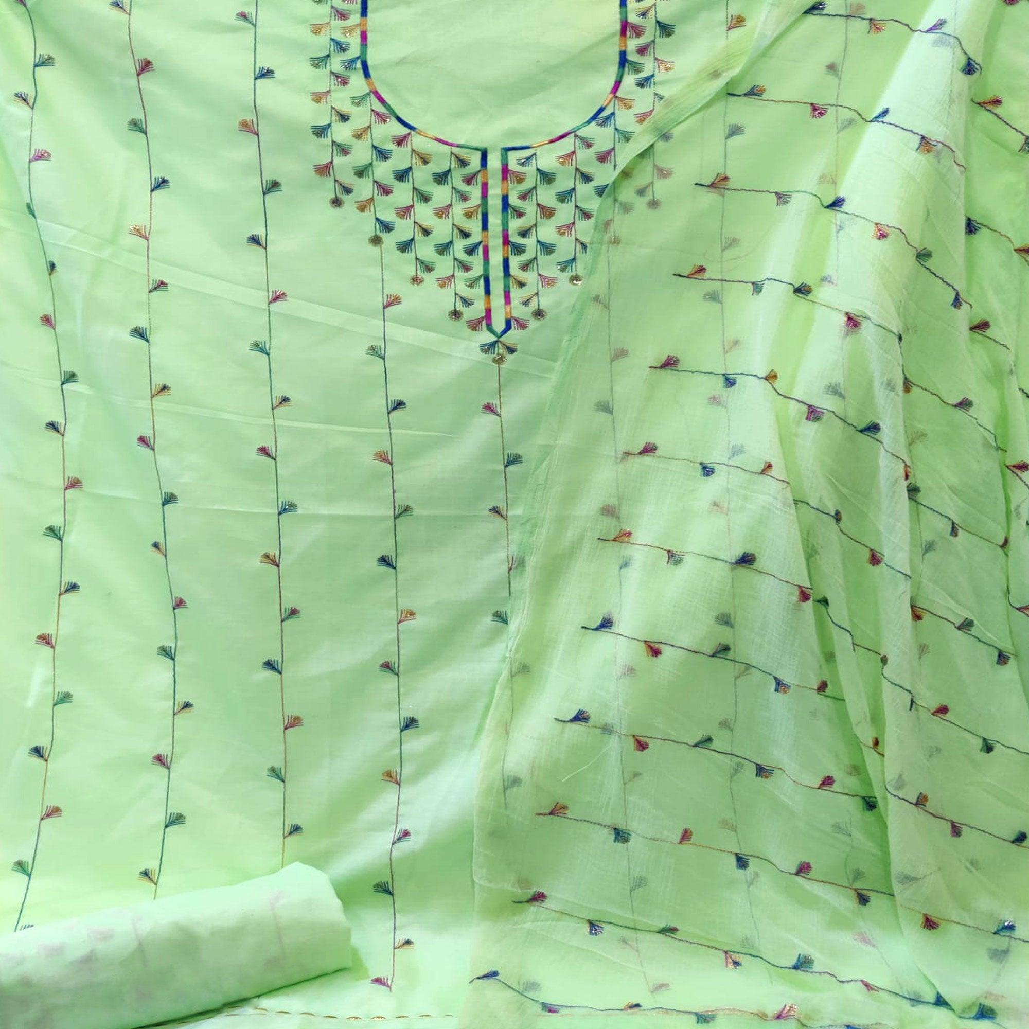 Green Casual Wear Sequence Work Cotton Dress Material - Peachmode
