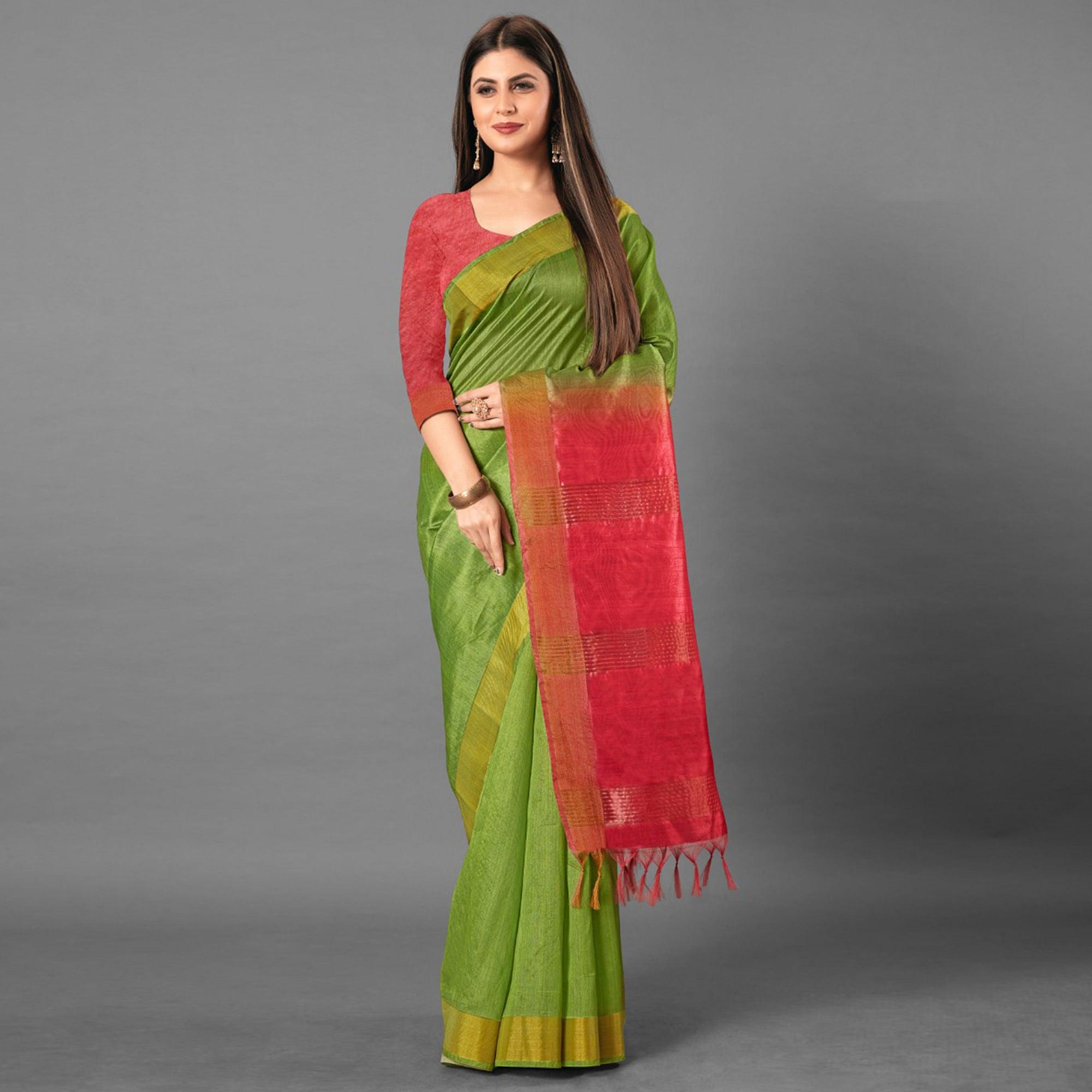 Green Casual Wear Solid Cotton silk Saree - Peachmode