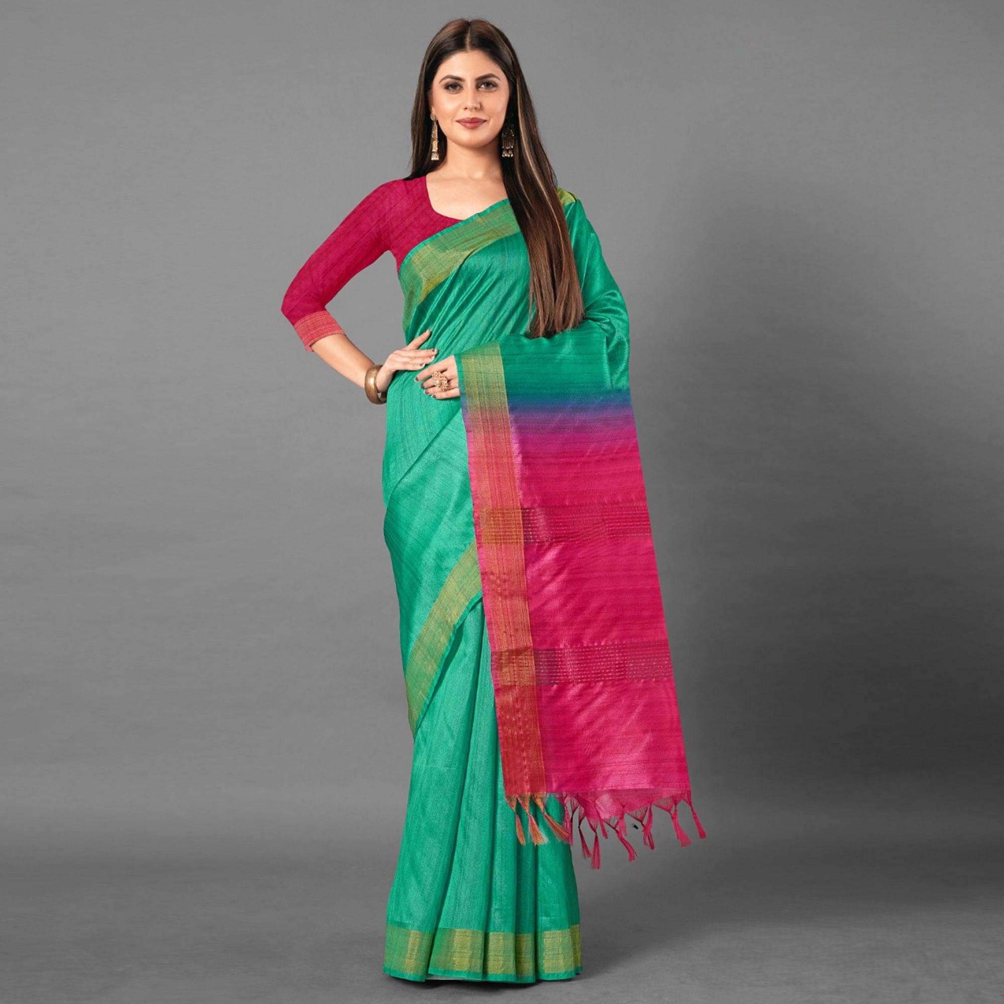 Green Casual Wear Solid Cotton silk Saree - Peachmode