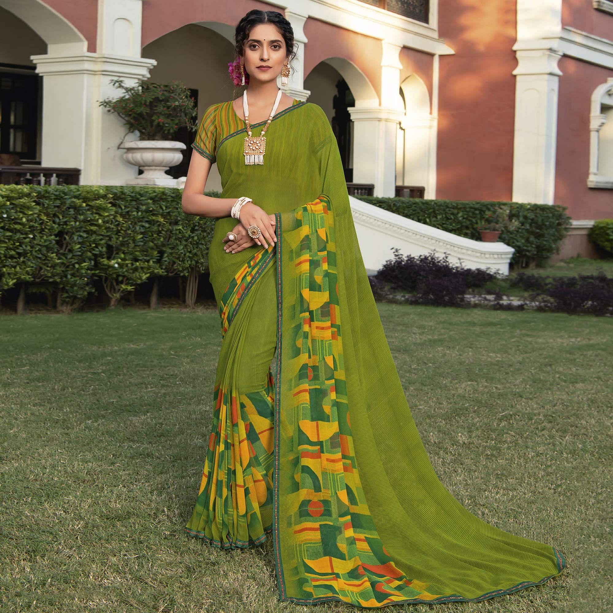 Green Casual Wear Solid Georgette Saree - Peachmode
