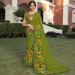 Green Casual Wear Solid Georgette Saree - Peachmode
