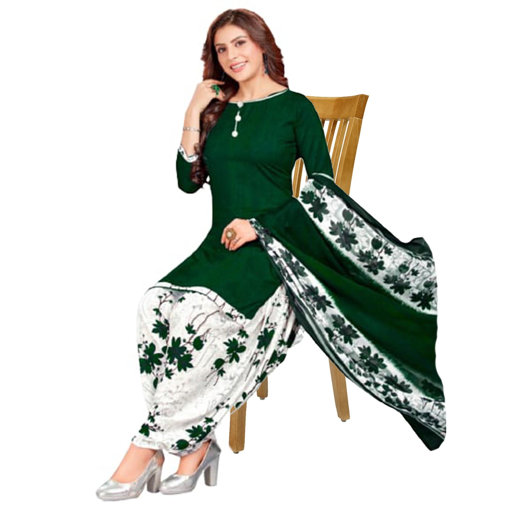 Green Casual Wear Solid-Printed Leon Patiala Dress Material - Peachmode