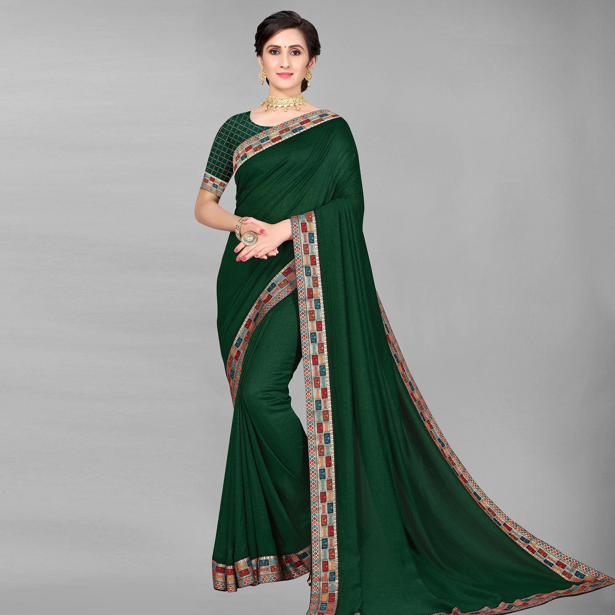 Green Casual Wear Solid Silk Saree - Peachmode