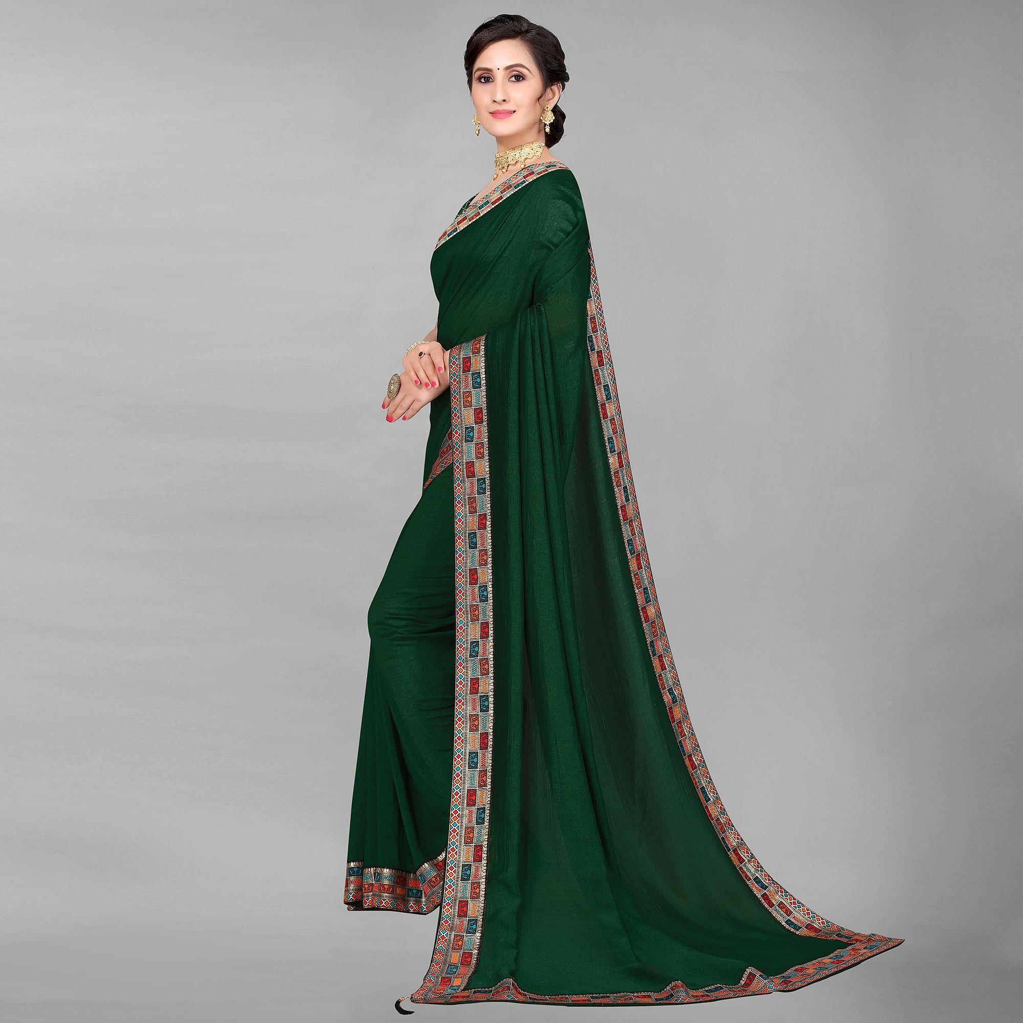 Green Casual Wear Solid Silk Saree - Peachmode