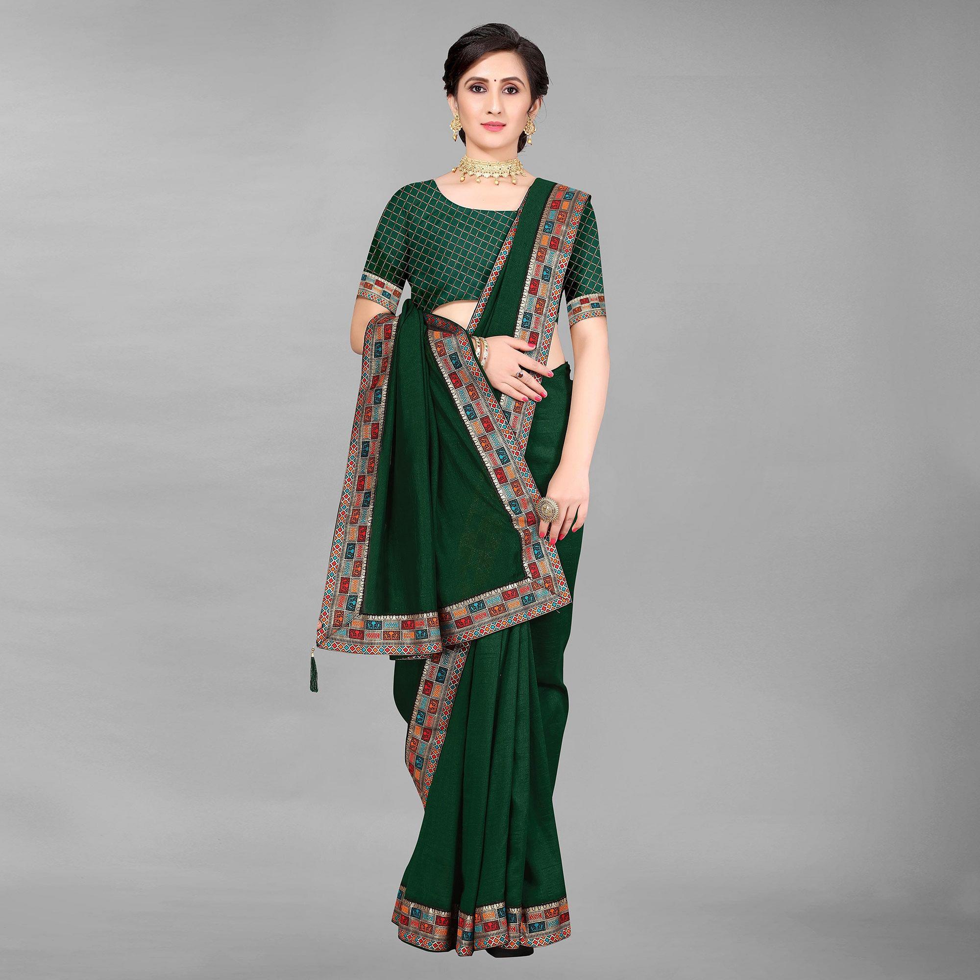 Green Casual Wear Solid Silk Saree - Peachmode