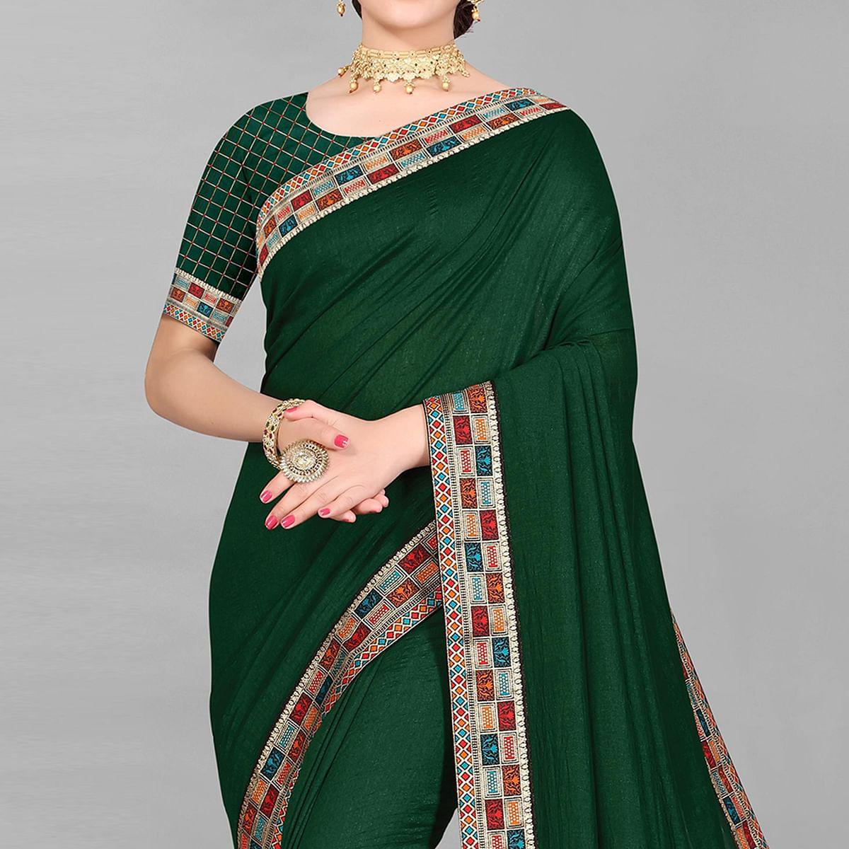 Green Casual Wear Solid Silk Saree - Peachmode