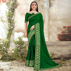 Green Casual Wear Solid Silk Saree With Fancy Border - Peachmode