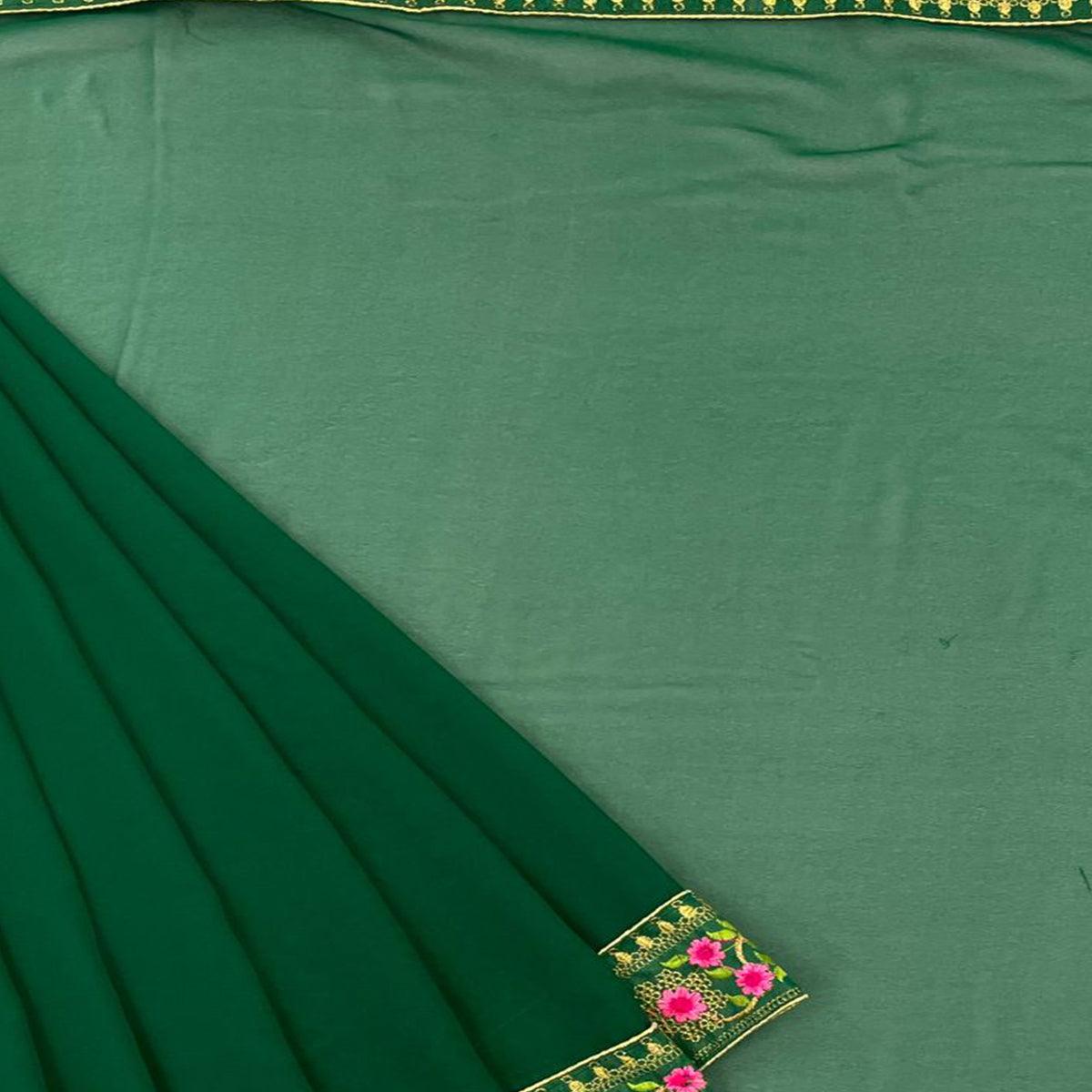 Green Casual Wear Solid With Lace Embroidery Georgette Saree - Peachmode