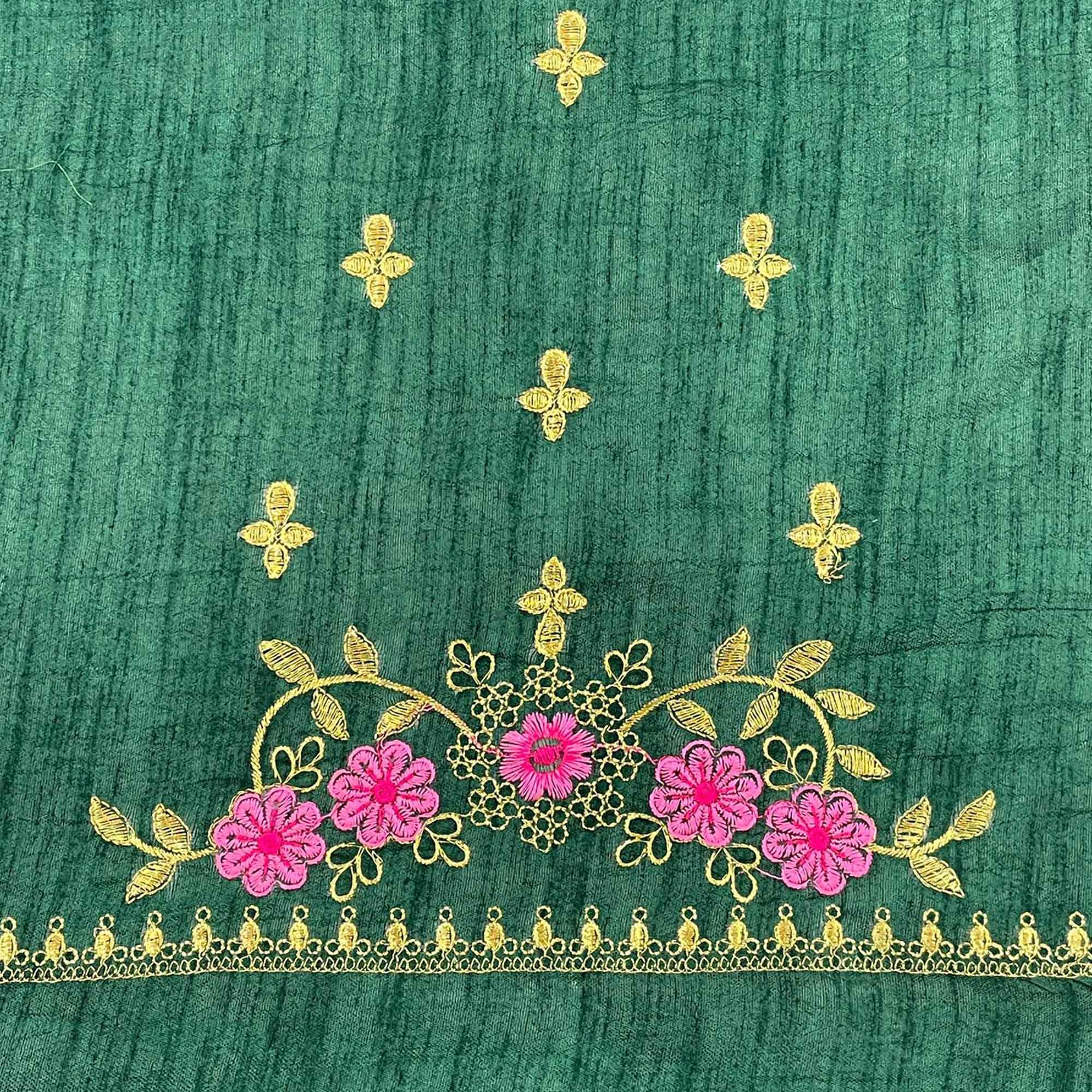 Green Casual Wear Solid With Lace Embroidery Georgette Saree - Peachmode