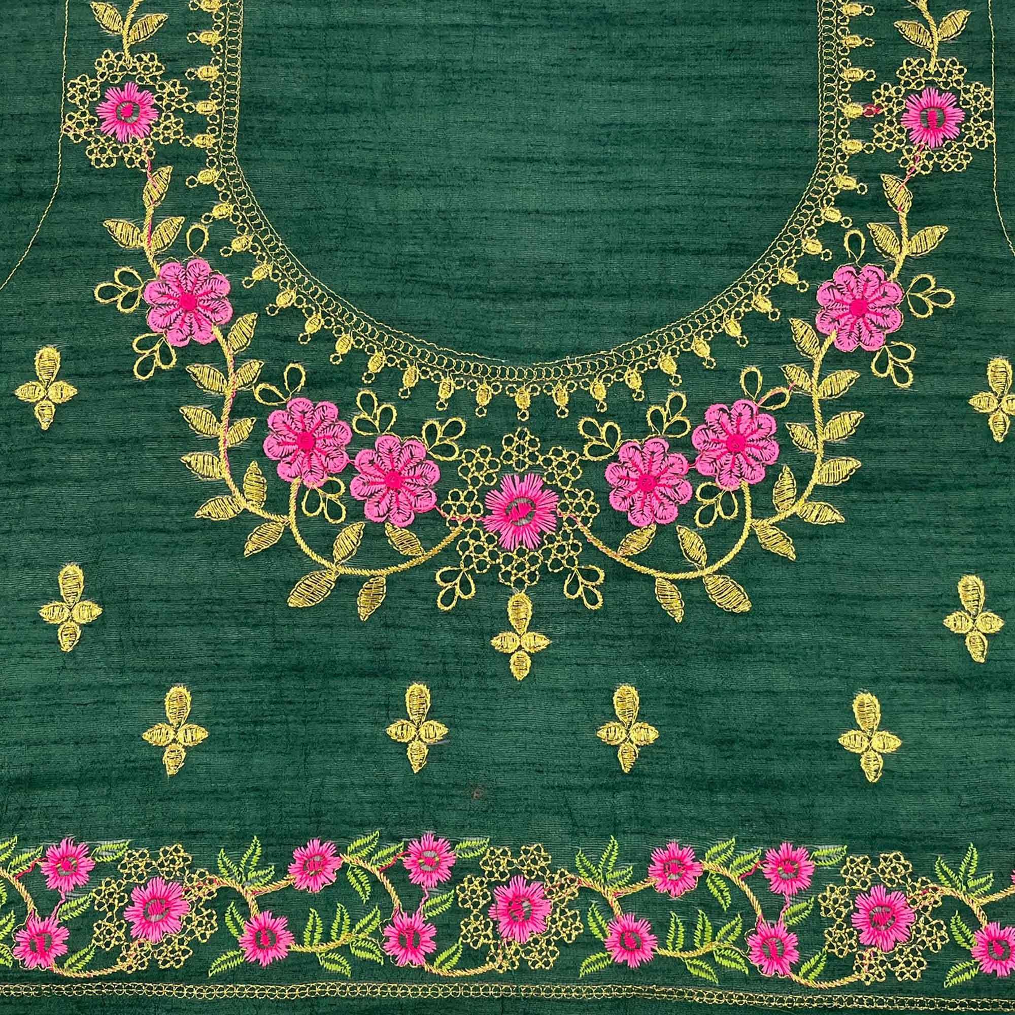 Green Casual Wear Solid With Lace Embroidery Georgette Saree - Peachmode