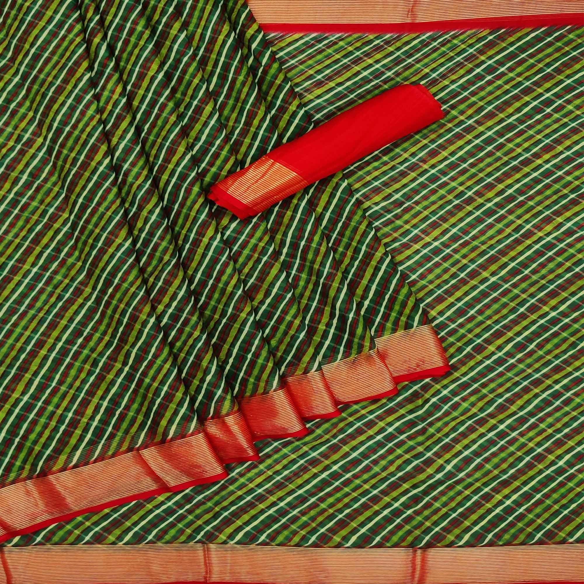 Green Casual Wear Stripe Printed Chiffon Saree - Peachmode