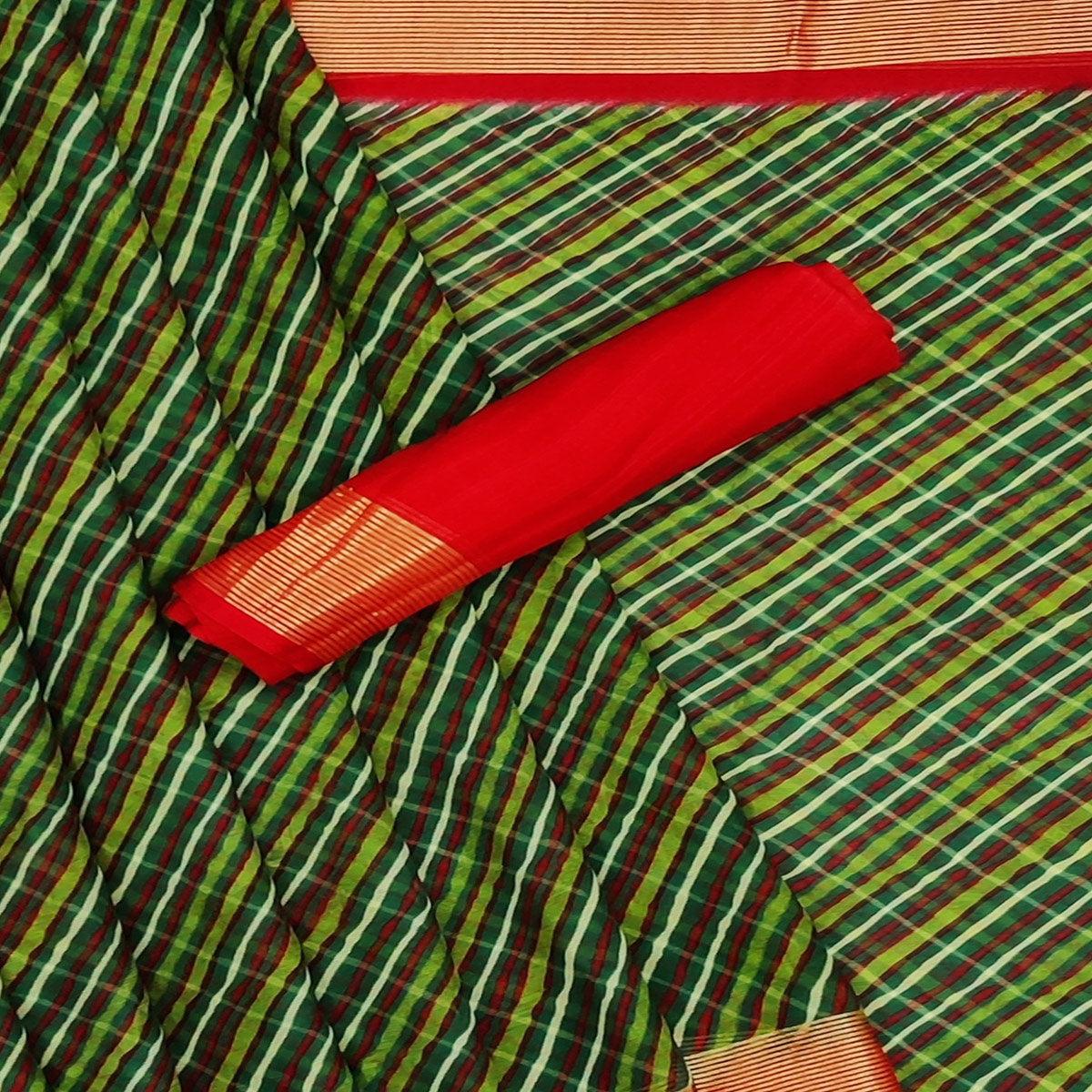 Green Casual Wear Stripe Printed Chiffon Saree - Peachmode