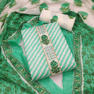 Green Casual Wear Stripe Printed With Embellished Cotton Dress Material - Peachmode