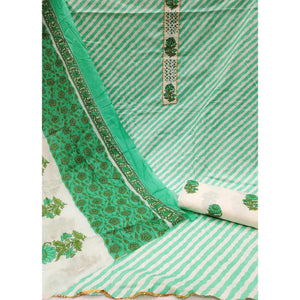 Green Casual Wear Stripe Printed With Embellished Cotton Dress Material - Peachmode
