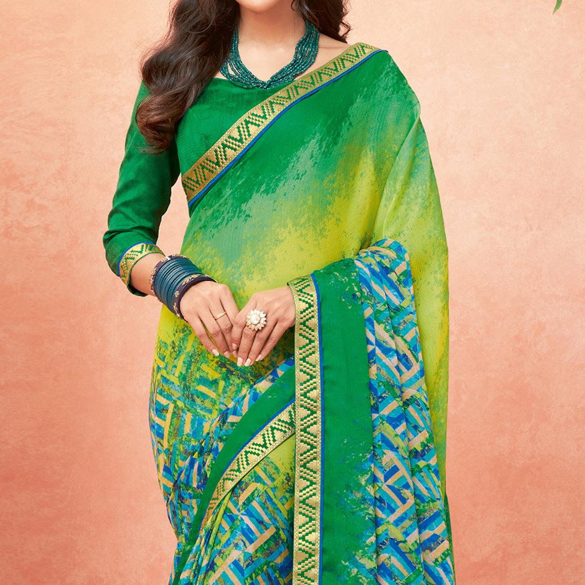 Green Casual Wear Striped Printed Chiffon-Banarsi Saree With Banarasi Border - Peachmode