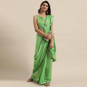 Green Casual Wear Stripes Printed Georgette Saree - Peachmode