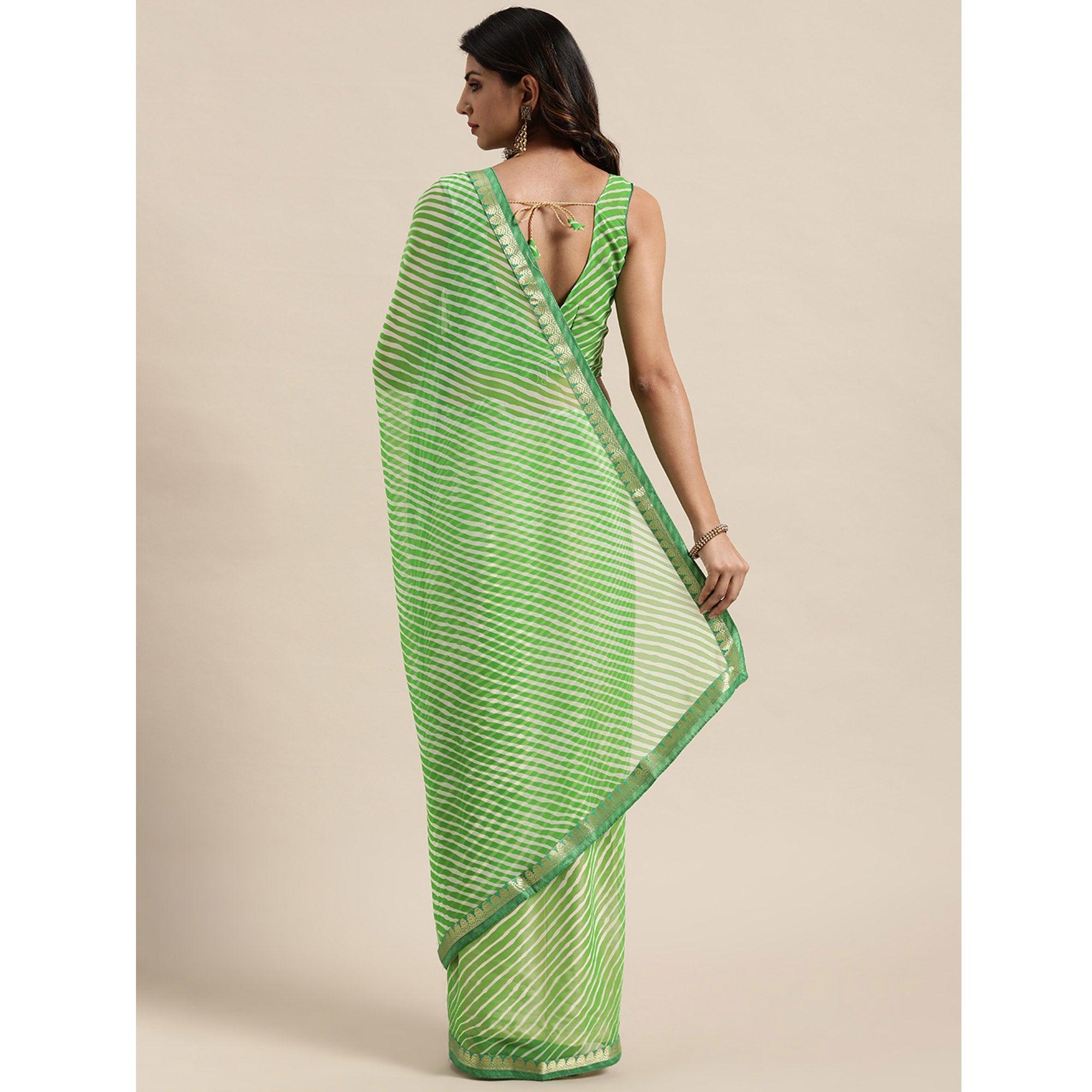 Green Casual Wear Stripes Printed Georgette Saree - Peachmode