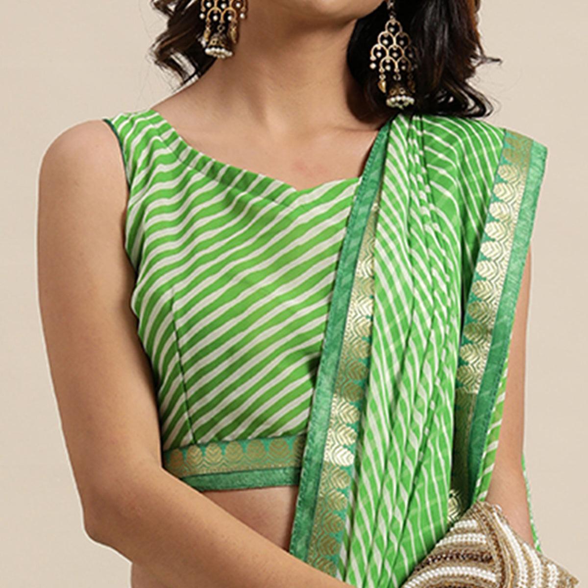 Green Casual Wear Stripes Printed Georgette Saree - Peachmode