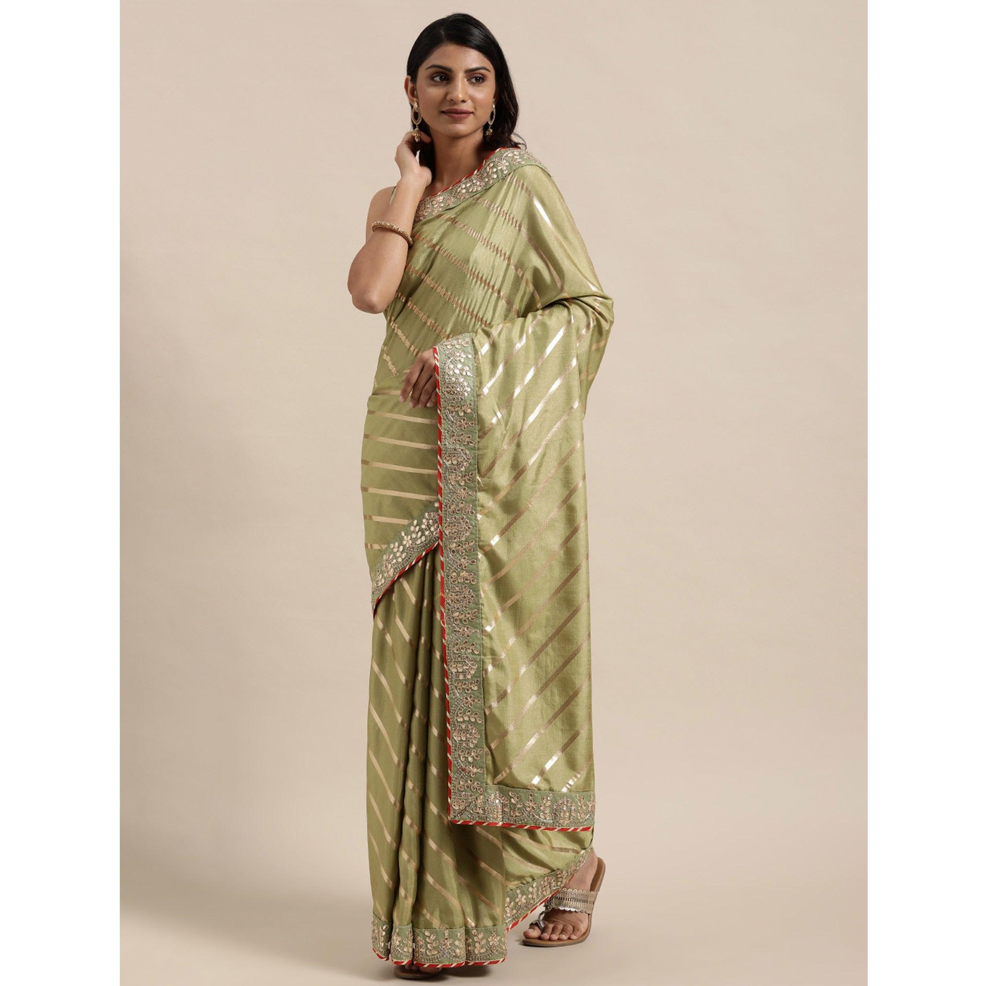 Green Casual Wear Stripes Printed Georgette Saree - Peachmode