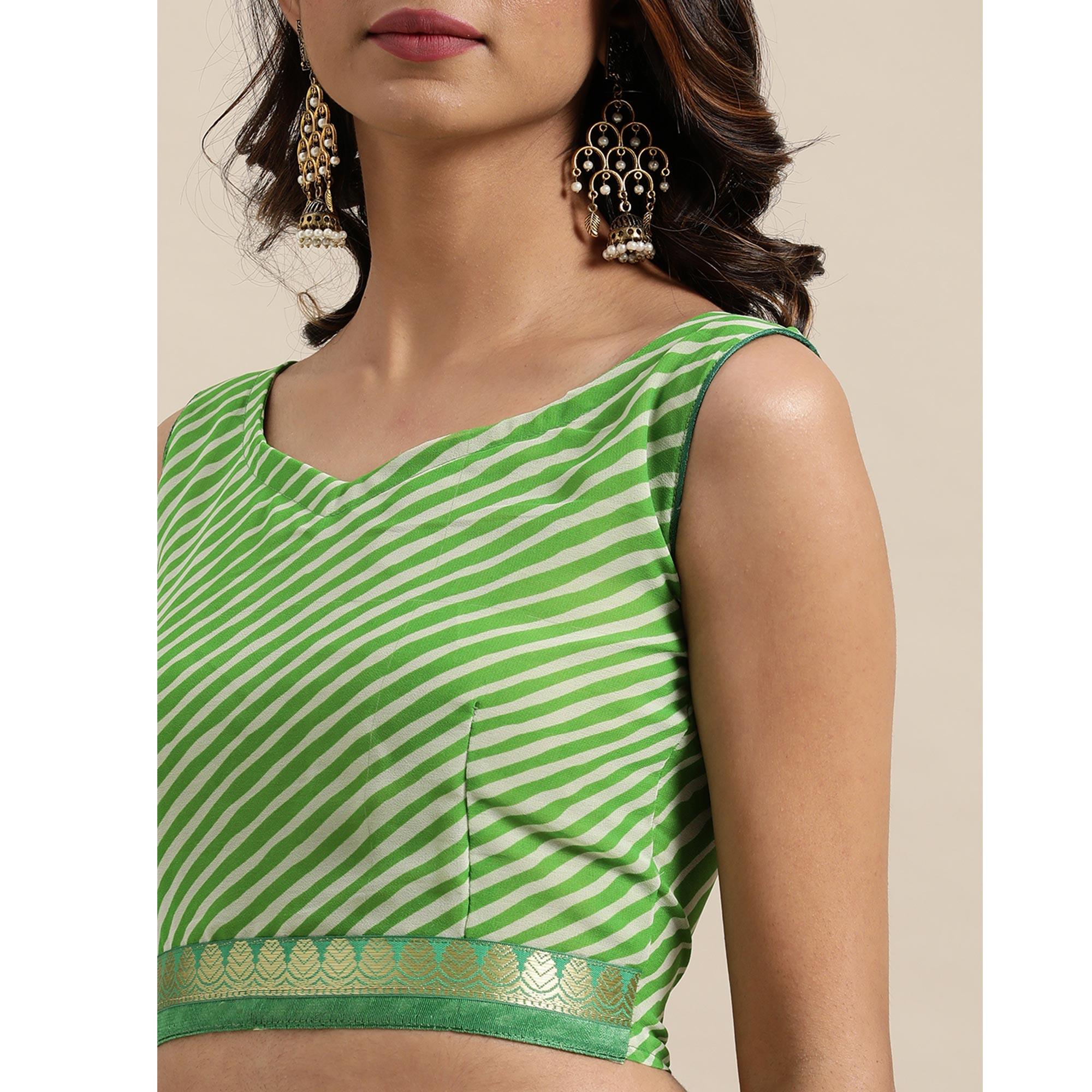 Green Casual Wear Stripes Printed Georgette Saree - Peachmode