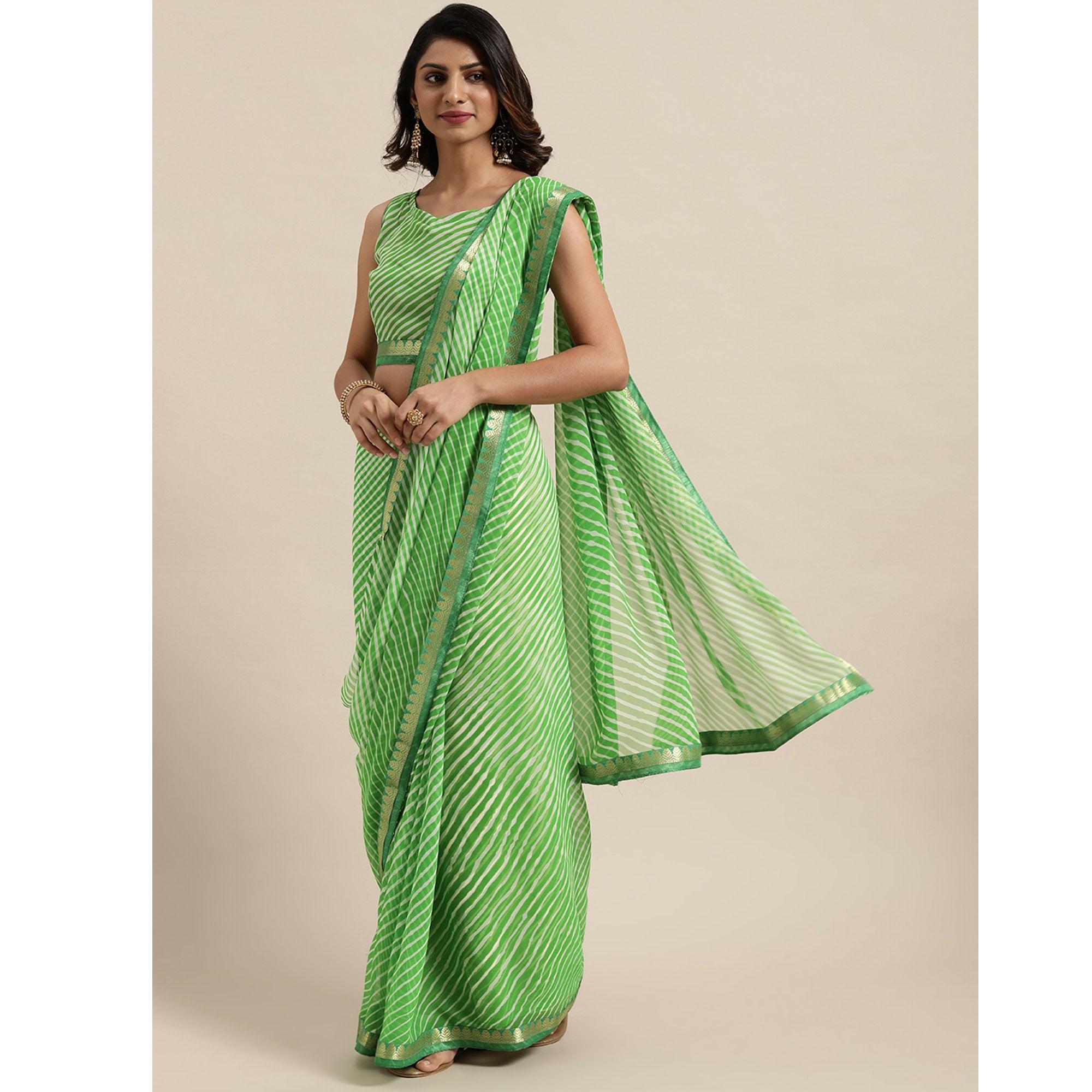Green Casual Wear Stripes Printed Georgette Saree - Peachmode
