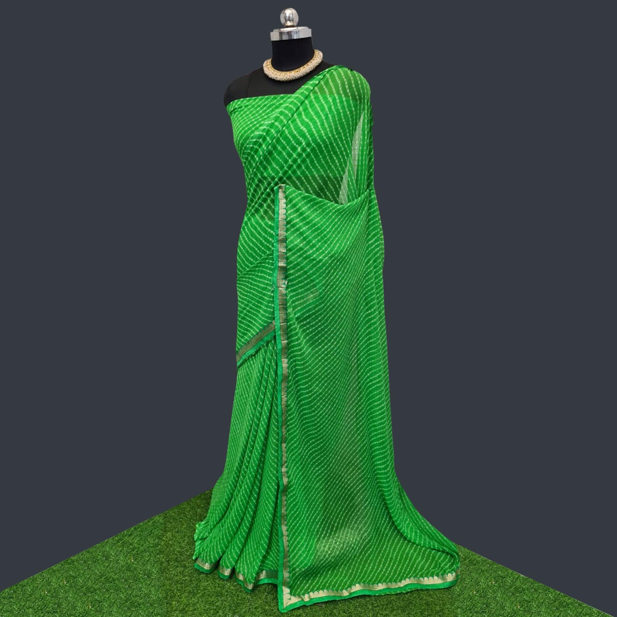 Green Casual Wear Stripes Printed Georgette Saree With Border - Peachmode