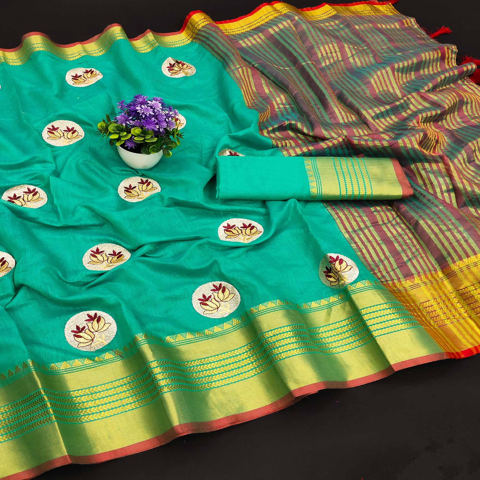 Green Casual Wear Woven Chanderi Silk Saree - Peachmode